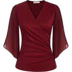 Grace Karin Faux Wrap Blouse with Chiffon Bell Sleeves Deep Red NWT